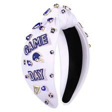 Football Headband Beaded Rhinestone Crystal Knotted Jeweled White Blue