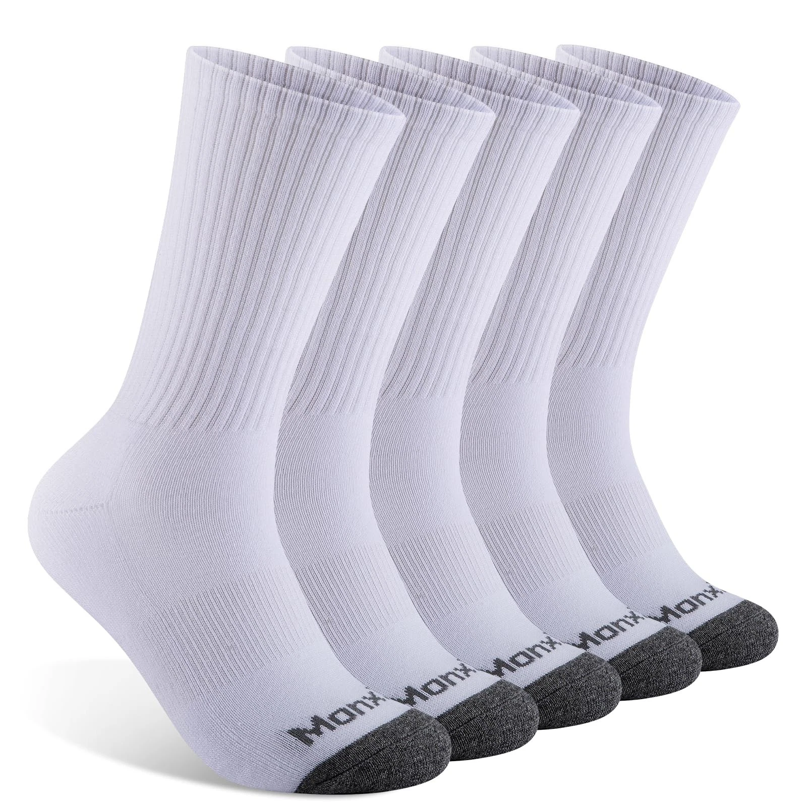 Monxiery Mens Cotton Moisture Wicking Cushioned Crew One Size, 5 Pairs White