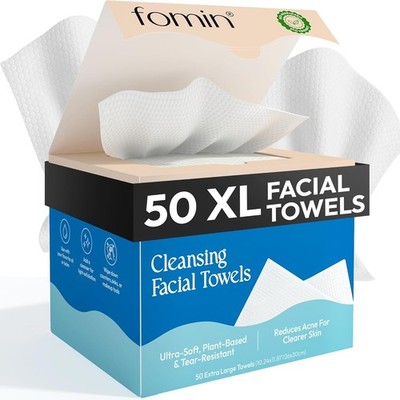 Cleansing Facial Towel 50 Count - Disposable Face Towelette XL - Biodegradable,