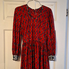 Vintage Red Floral Round Neck Smocked Elastic Waist Balloon Sleeve Midi Dress S