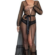 (S-3XL) Sexy Glamour Mesh Lace Sheer Long Sleeve Robe Gown With Belt