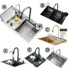 Stainless Steel Waterfall Kitchen Sink Drop-In Single Bowl Workstation w/ Faucet