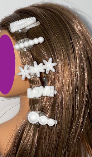 Barbie Extra Doll #9 Outfit Accessory White Hair Clip Set 5 Barrettes Lot Pins