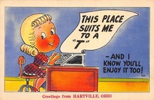 Hartville Ohio 1940s Linen Greetings Postcard Girl At Typewriter Stark County thumbnail