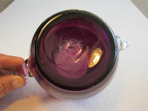 Unique Amethyst Hand Blown Turned Down Top Edge W/ Applied Clear Handles Vase - Picture 4 of 5