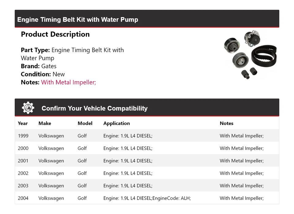 Kit de correa de distribución de motor Volkswagen Golf 1999-2004 con puertas de bomba de agua 2000 Foto 2 de 4