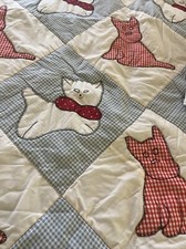 Vtg. Red  Blue Gingham Scottie Dog Kitten Cat Handmade Crib Lap Quilt 47x70