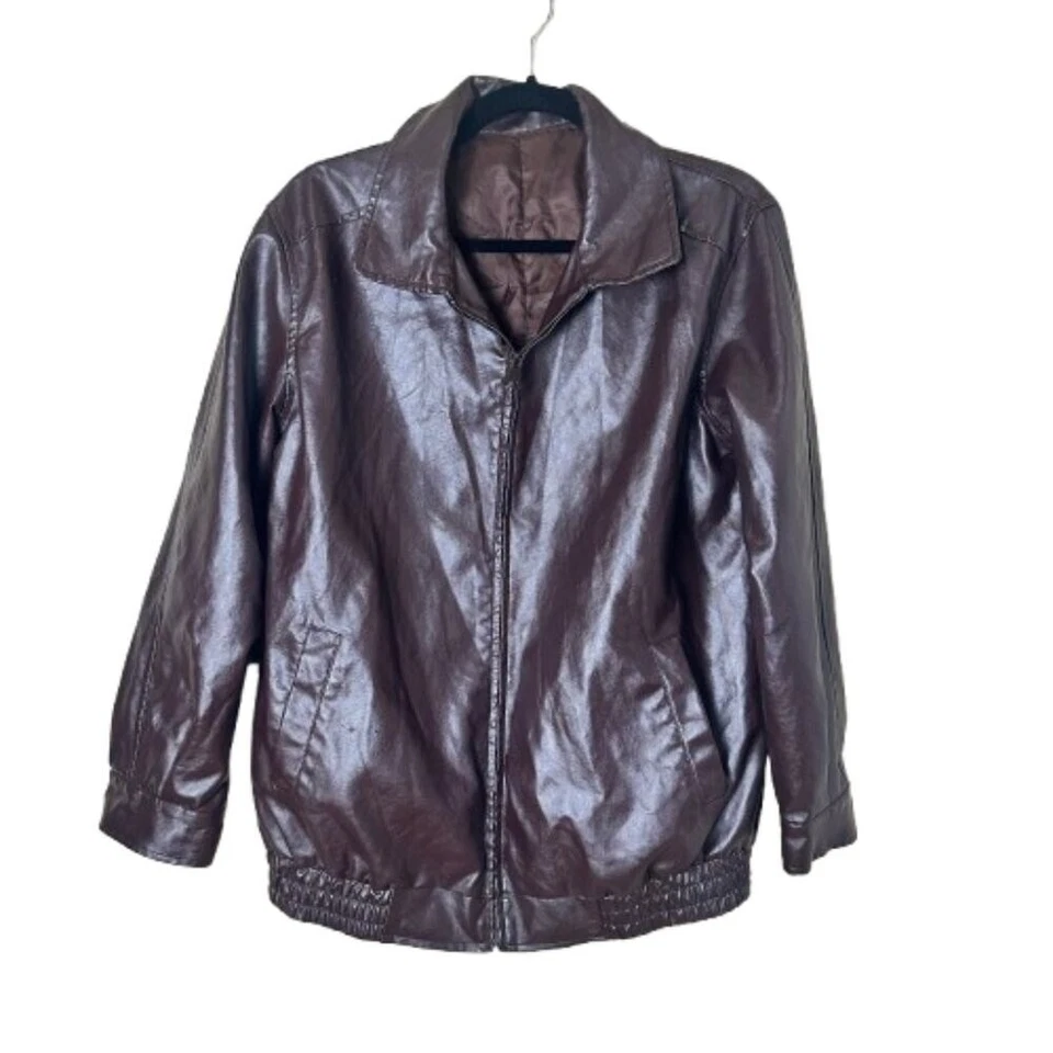 Abrigo Chaqueta Bomber De Cuero Sintético De Gran Tamaño Bolsillos Inclinados Marrón Chocolate Mediano