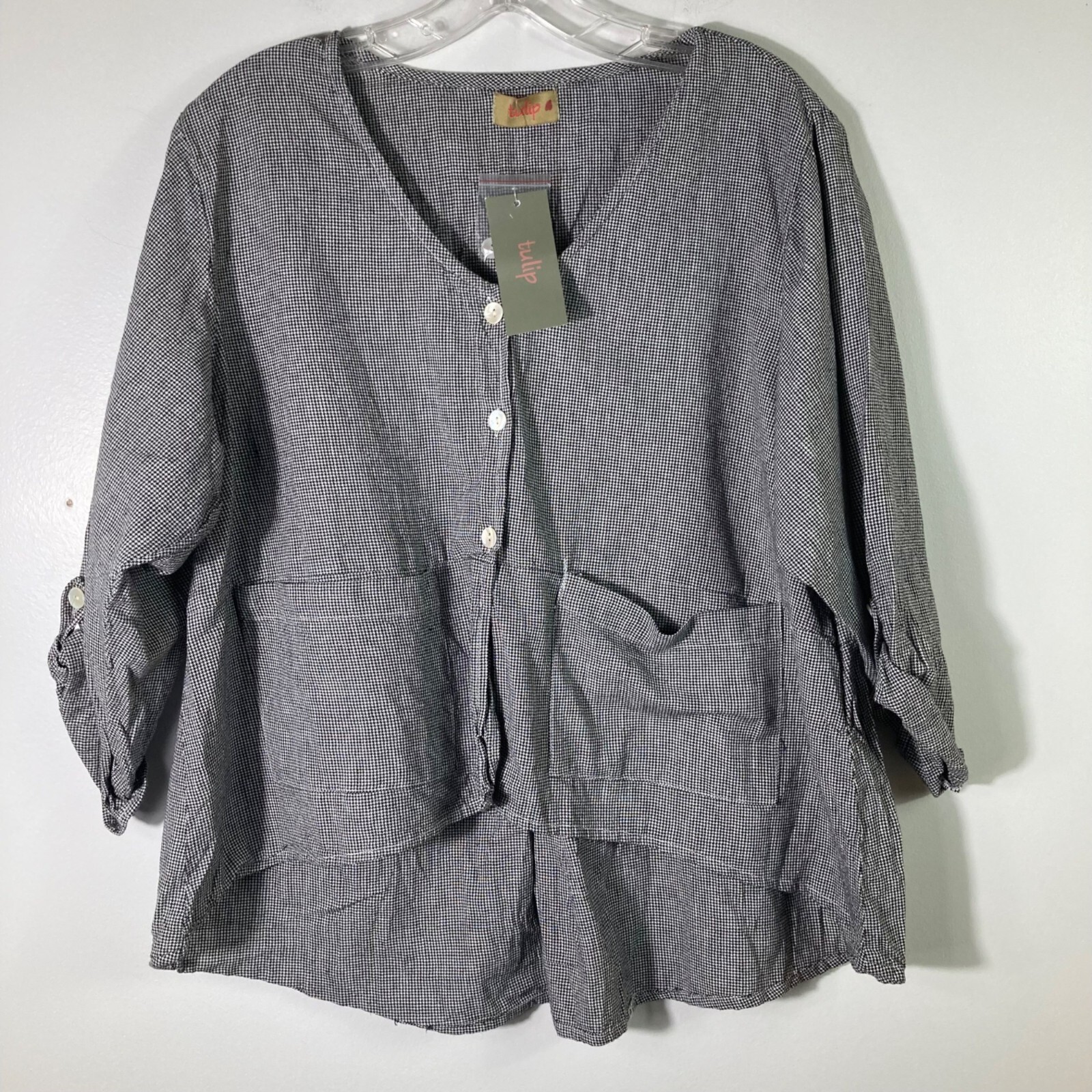 Womens Tulip Lagenlook Cotton Top Roll Sleeve Button Pockets Black White M NWT