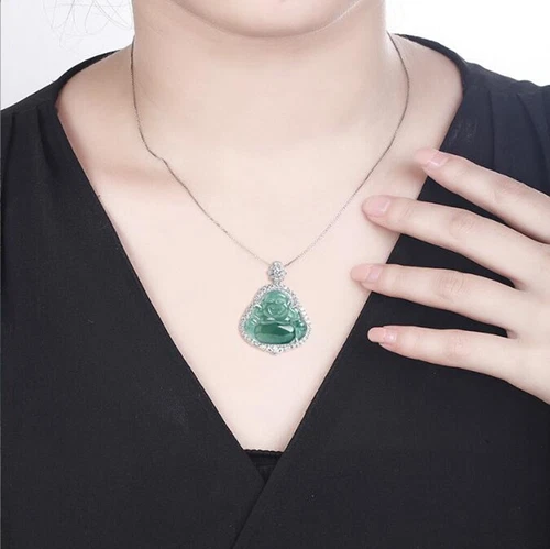 Zertifizierter grüner natürlicher Burma A Jade Jadeit 925 Silber Buddha Anhänger AAA - Bild 5 von 10