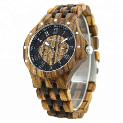 Bewell Holzuhr Herrenuhr 47mm Tag-Datum-24Std-Anzeige Markant Armbanduhr Tracht