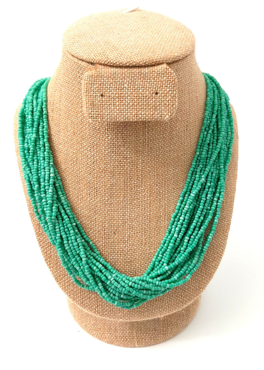 Green Seed Bead Necklace Multiple Strands Fabric Wrapped Green Seed Bead Necklace Multiple Strands Fabric Wrapped