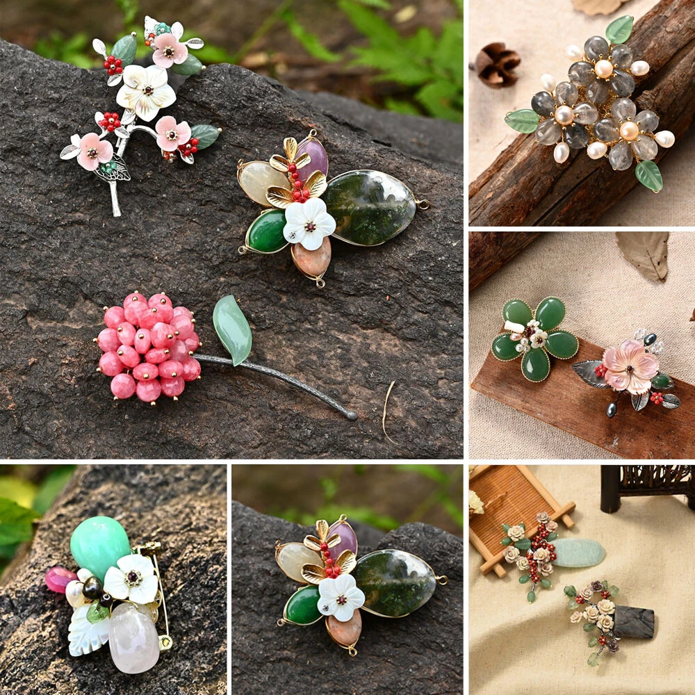 Flower Crystal Natural Stone Brooch Pin Women Accessory Birthday Gift Hijab  Pins