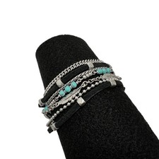 Womens Multi Strand Leather Bracelet Turquoise Beads Silver Chains 8.25in Boho