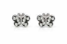 14K Solid White Gold Butterfly Screw Back Stud Earring with CZ