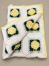 Vintage Handmade Crochet 3D Yellow Rose Motif Afghan Granny Square Throw Blanket