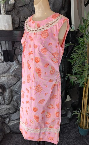 Vtg 60s Mod Pink Seahorse Shell Pattern Shift Dress w/ Crochet Lace M/L Cruise, $89.99 - Photo 9