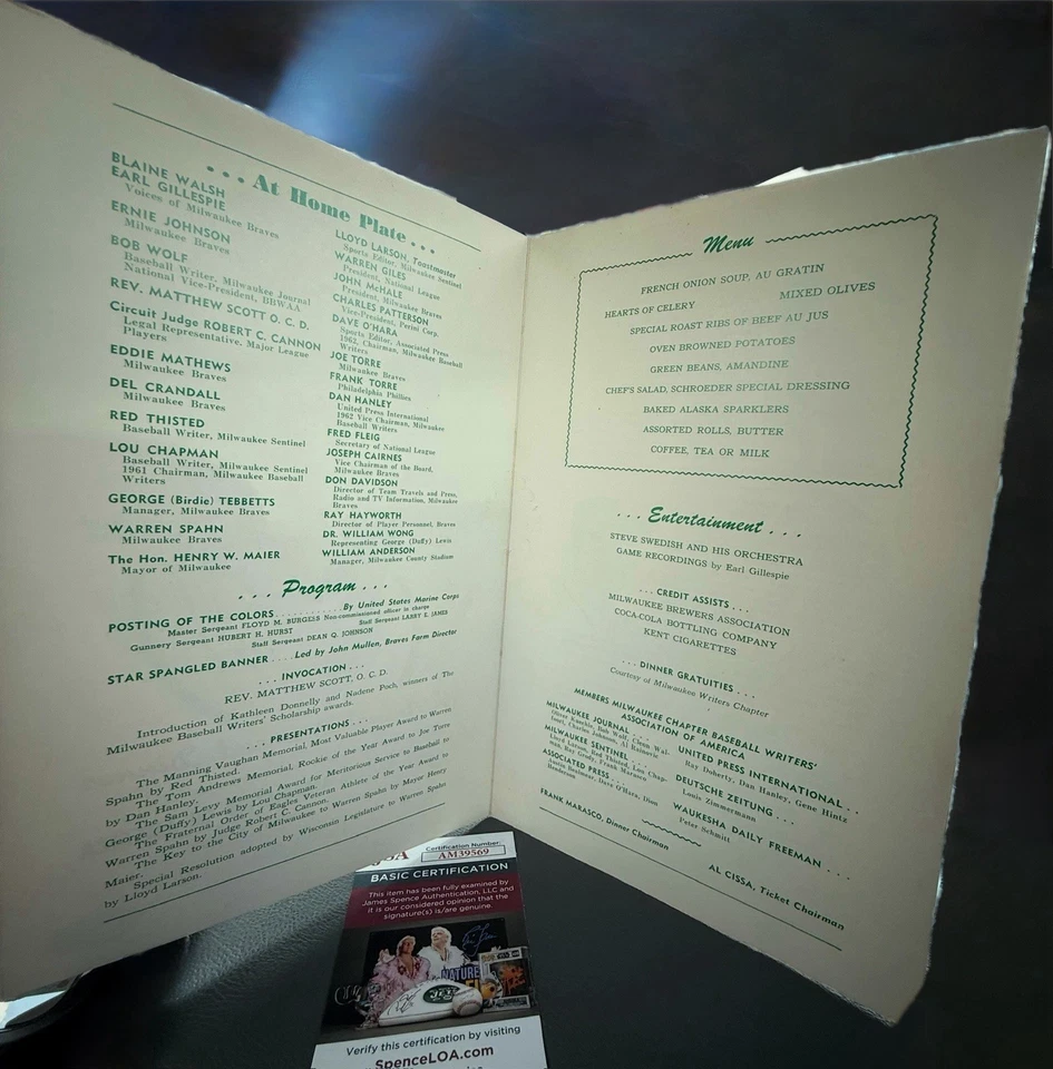 RARE! 1962 Warren Spahn HOF Signed Autographed 9th Annual Diamond Dinner JSA COA - Image 4 of 4