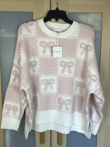 Soho & Stella Pink Checkered Bow Knit Sweater Womens Sz M Coquette Cute Soft Top