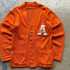 Vintage 50s Sand Knit Letterman Cardigan Orange Chenille Patch Golf Varsity M