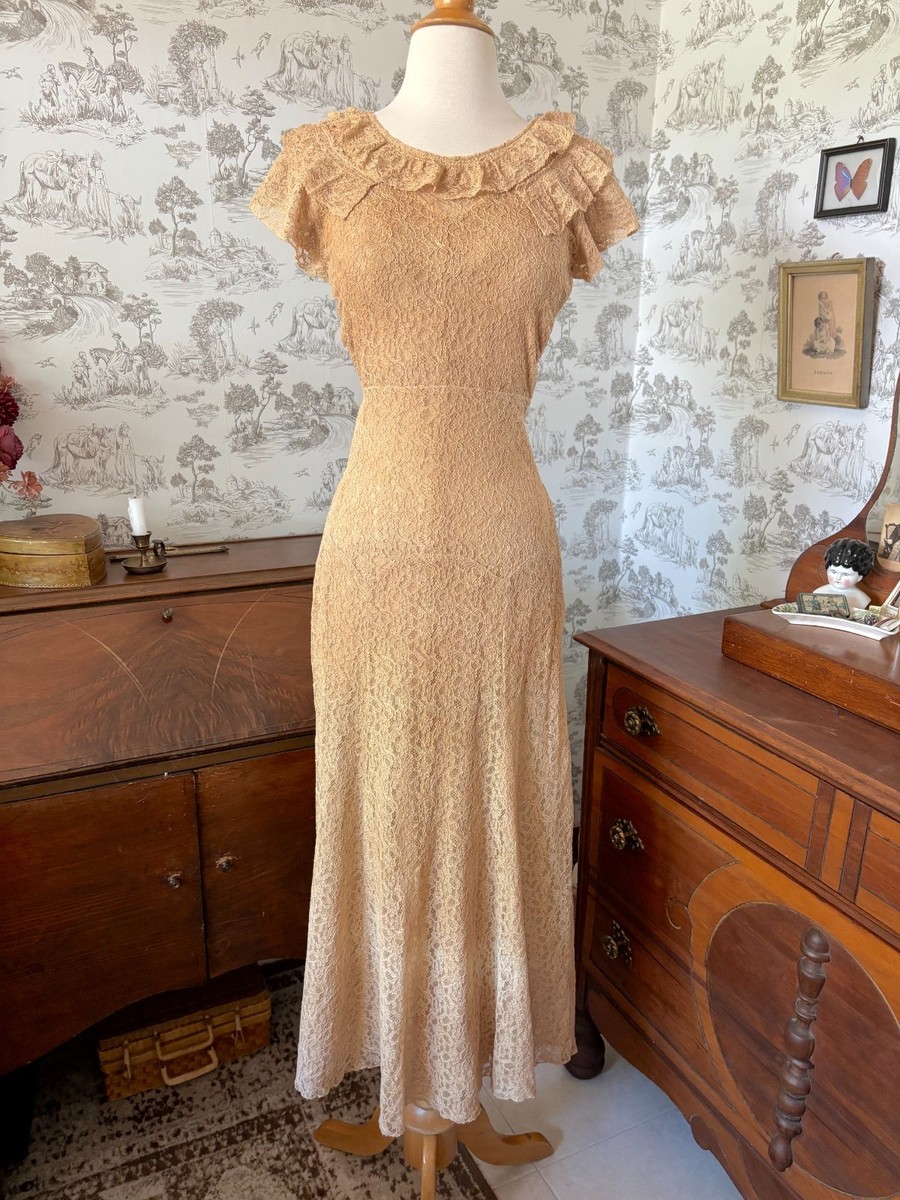 chinese dress ladies Rosa Beige Dress with Lace Short Sleeve Ruffle Summer XL main image 1