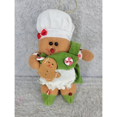 Gingerbread Baker Ornament Plush Chef Hat Green Overalls Cookie Holding
