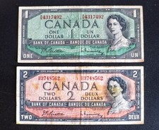 1954 Canada $1 & $2 Dollar Bills Beattie-Rasminsky Circulated Pair