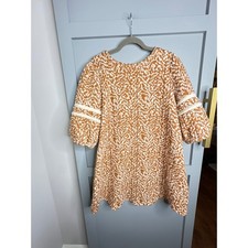 Voy Rust Orange Cream Abstract Houndstooth Puff Sleeve Mini Dress Size M 32368