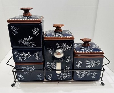 Temptations Dark Blue Floral Lace 5 Stackable Canisters Set & Rack Stand