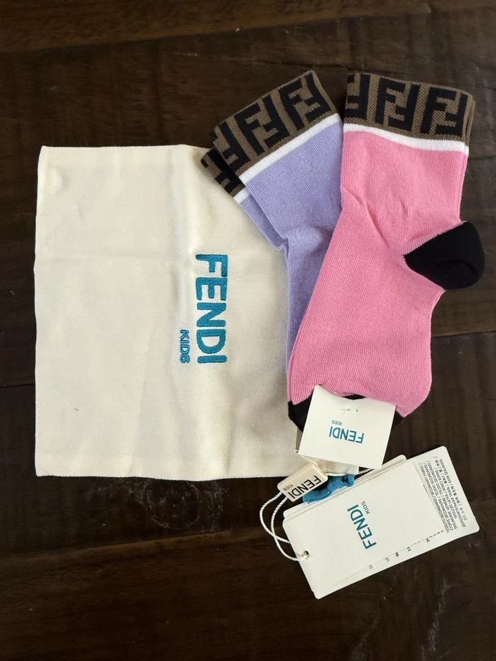 New FENDI Kids Girls FF Logo Trim Socks Size III (10-12) Lilac Purple Pink 2Pack - Image 2 of 4