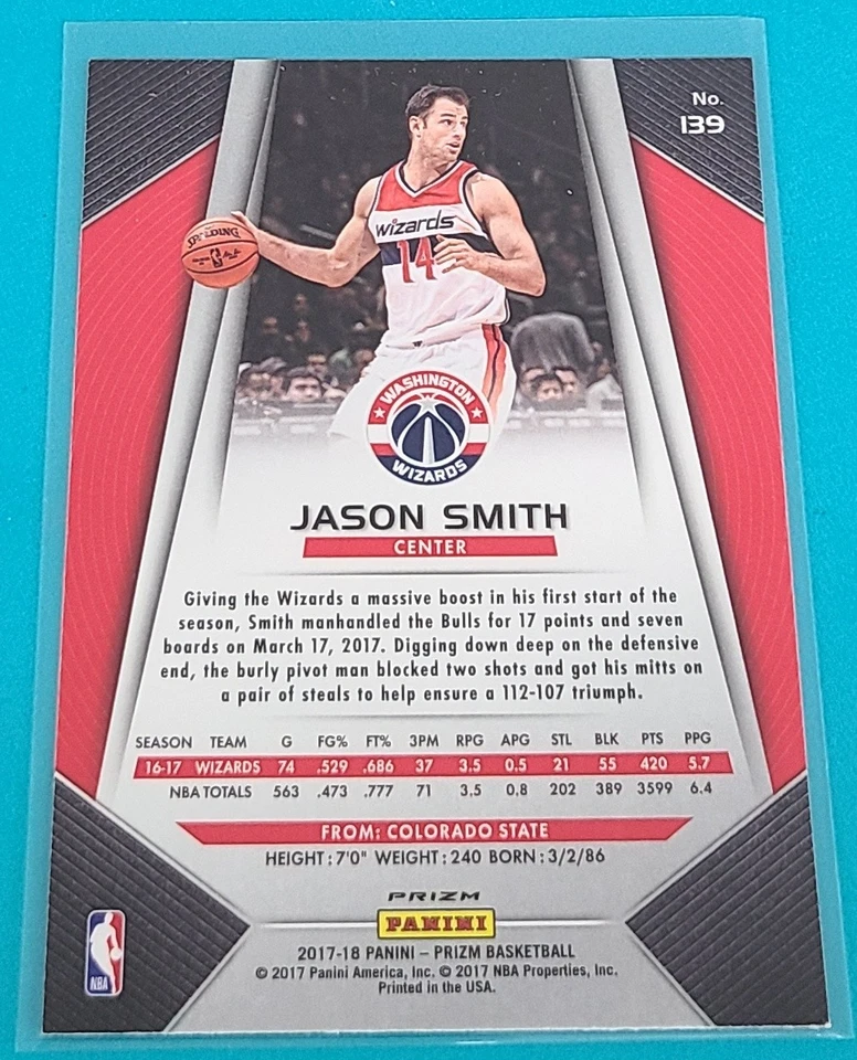2017 Prizm Green Prizm #139 Jason Smith  Washington Wizards Basketball Card P2 - Image 2 of 2