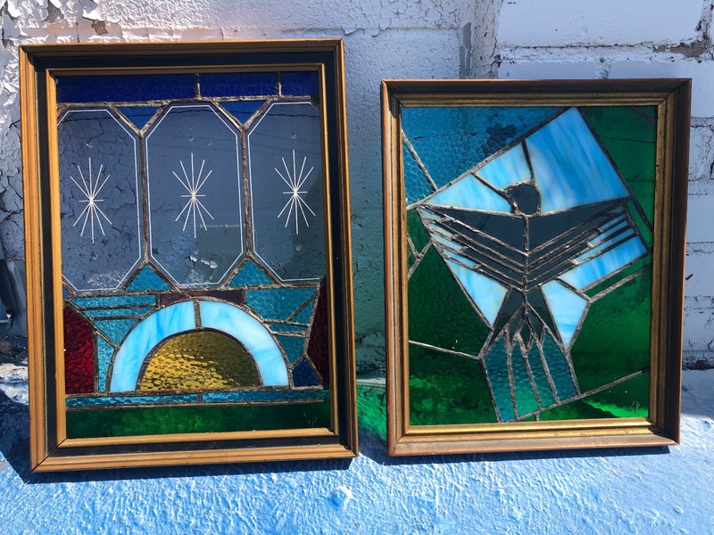 Stained Glass window hangings, signed. 2 Leaded stain glass panels