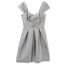 Alfred Sung Fit Flare Dress Quarry Dupioni Metallic Silver Pleated Size 8