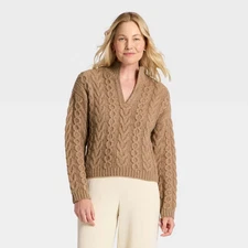 Women's Split Neck Cable Pullover Sweater - A New Day