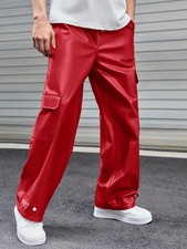 Genuine Leather Cargo Pants Men Black Red Wide Leg Drawstring Streetwear