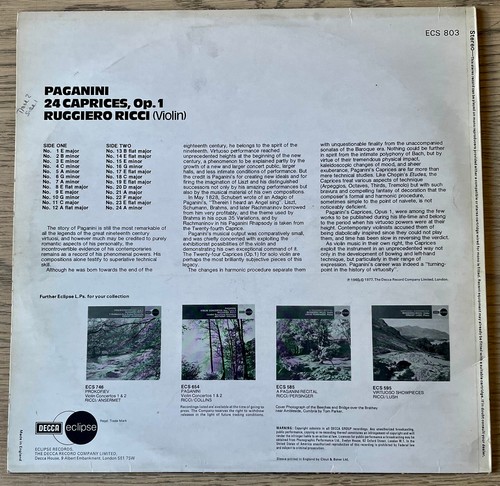 DECCA ECS PAGANINI 24 CAPRICES VIOLIN LP RICCI (1977) EX++ ENGLAND STEREO - Picture 2 of 2