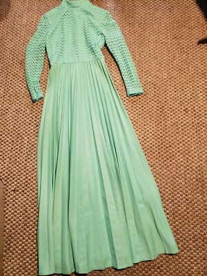 Original Vintage1970s Mint Green Mesh Details Maxi Dress Pleated Bodice |  eBay