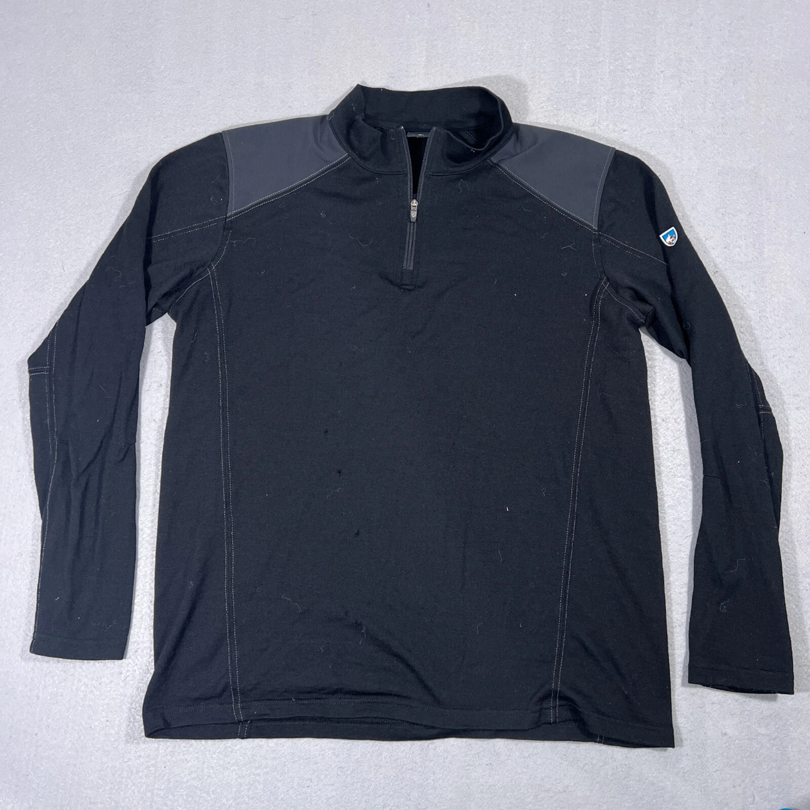 KUHL Mens M Black L/S 1/4 Zip Stellr Merino Wool Base Layer Shoulders FLAWS
