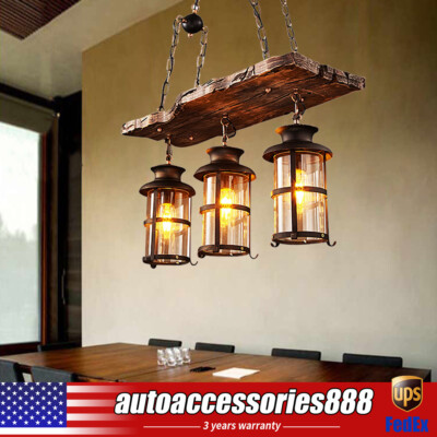 3-Light Farmhouse Loft Rustic Chandelier Wood Pendant Ceiling Light Fixture Lamp