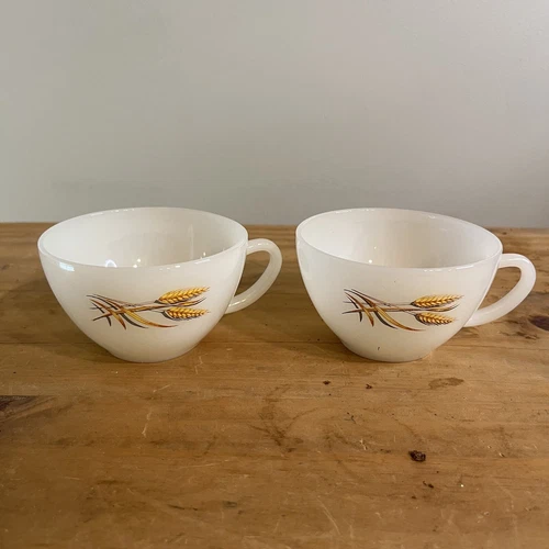 Vtg. 2 Anchor Hocking Fire King Wheat Harvest Coffee Tea Cup USA Made Milk Glass