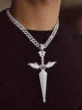 Angel Wings Sword Pendant  20" Iced Cuban Cubic Zirconia Chain Hip Hop Necklace