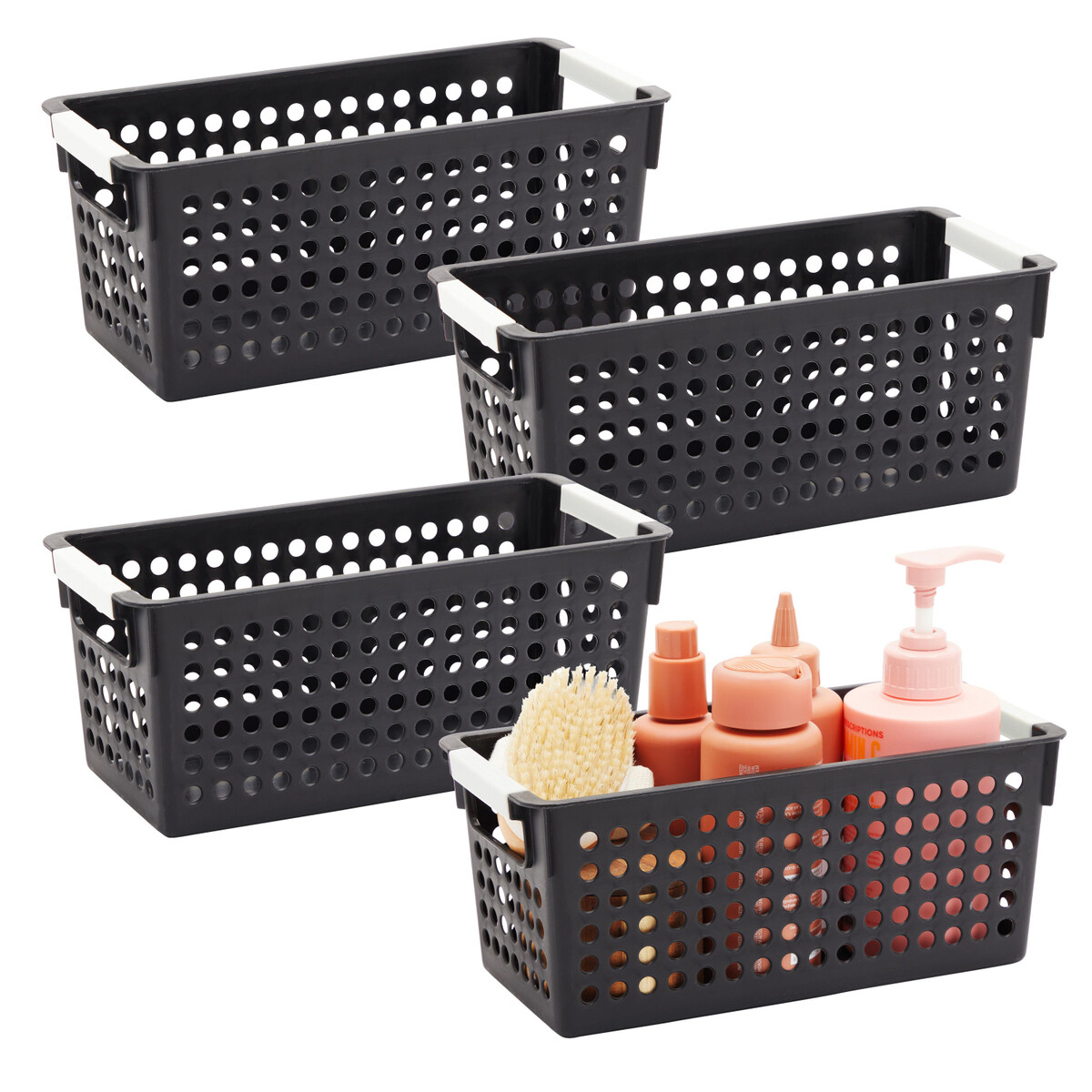 4-Pack Black Plastic Baskets for Organizing Bathroom, Laundry Room, Washroom