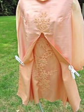 Vintage 60s Sylvia Ann Dress Peach 14 Embroidery Pearls 2 Pces Bride Mother B/G