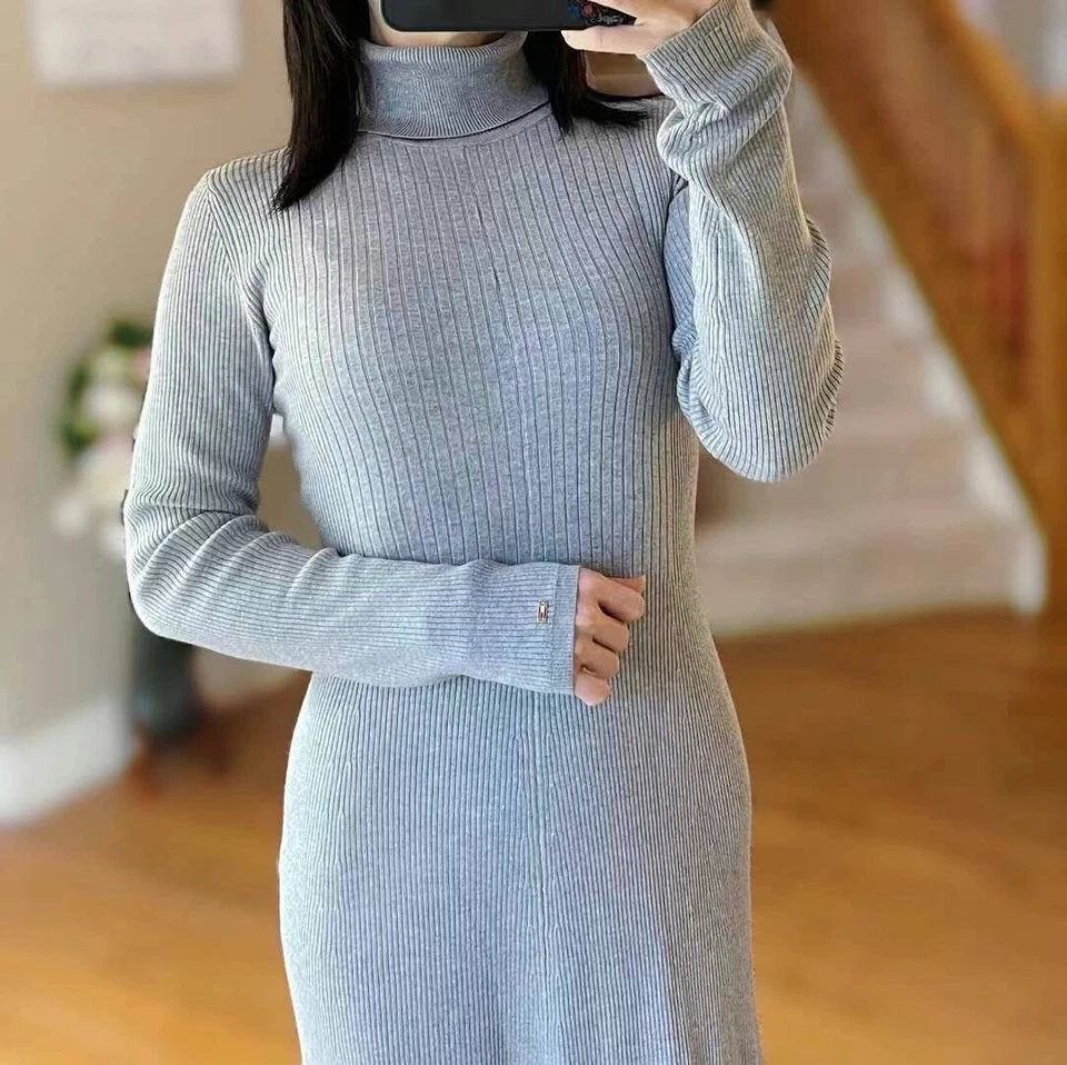 Tommy Hilfiger Women's Ribbed Knit Sweater Dress Stretch Gray Black Sz S L XL - Image 2 of 4