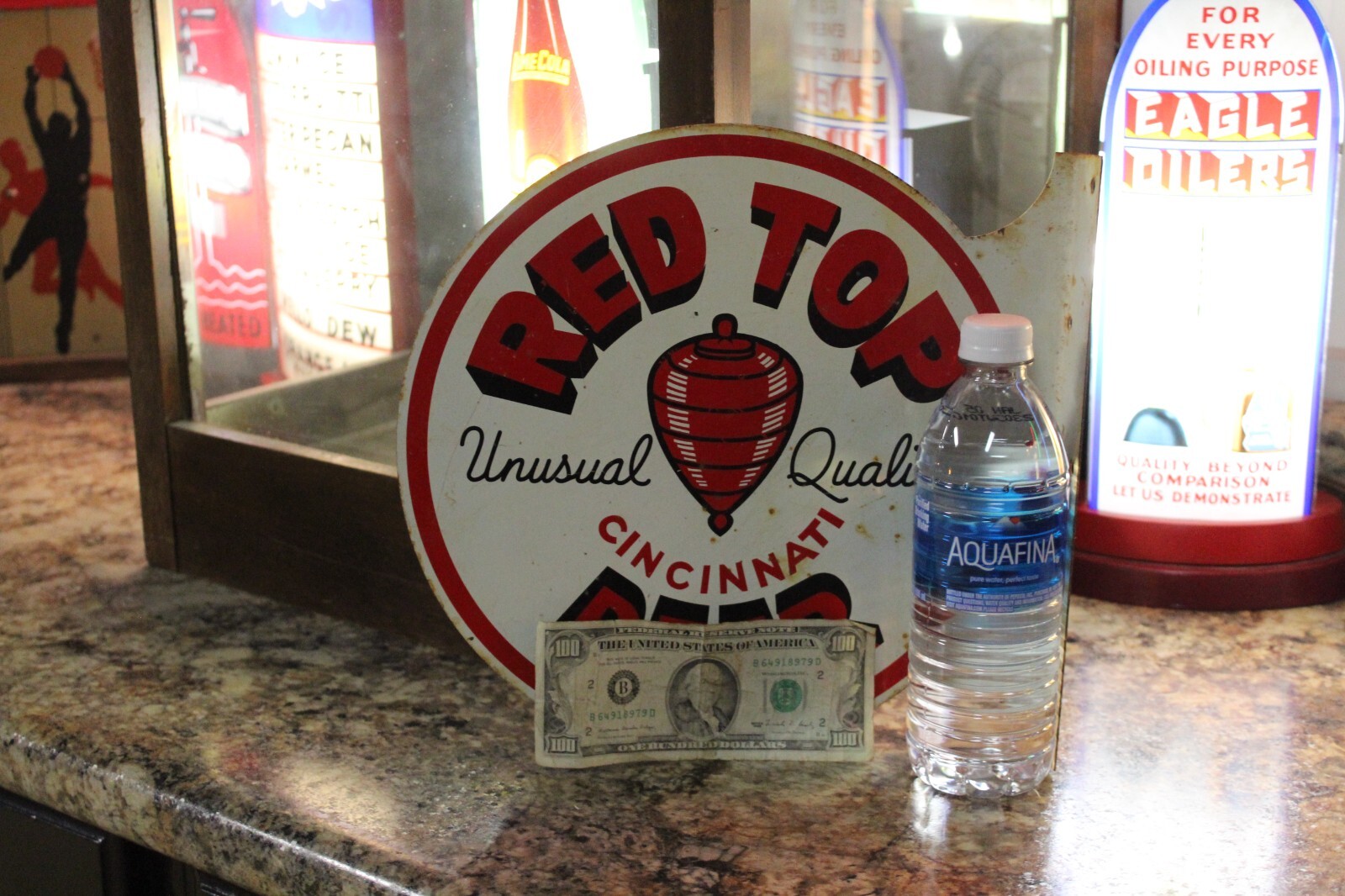 RARE 1950s RED TOP BEER DEALER 2SIDED PAINTED METAL FLANGE SIGN TAVERN