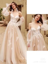 Boho Wedding Dresses Strapless Puffy Sleeve Tulle Appliques A Line Bridal Gowns