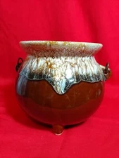 Vintage Brown Drip Glaze Pottery Cauldron Bean Pot Kettle