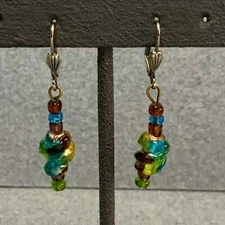Glass Dangle Pierced Earrings Silver Gold Multicolor Latch Hook