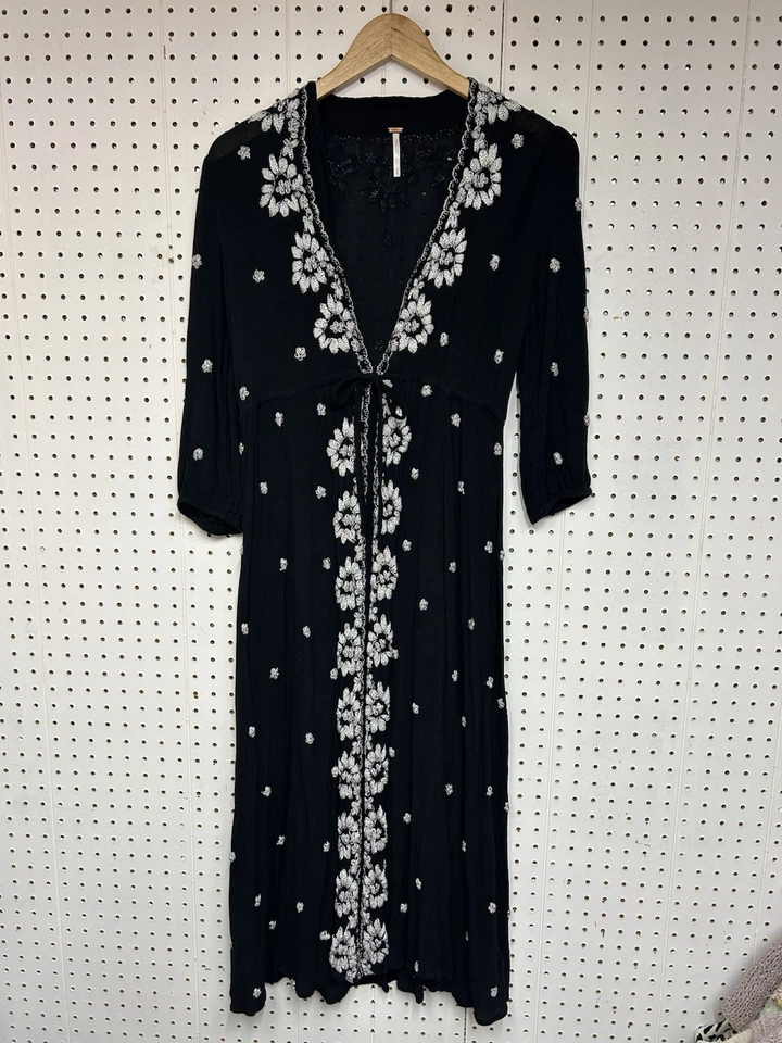 Free People S Fable Black White Floral Embroidered 3/4 Sleeve Midi Maxi Dress - Image 2 of 4