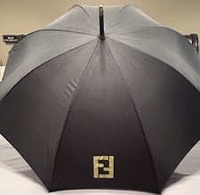 Vintage Fendi Black Wood Handle Umbrella Parasol Full Size Uomo Logo Promo Nylon